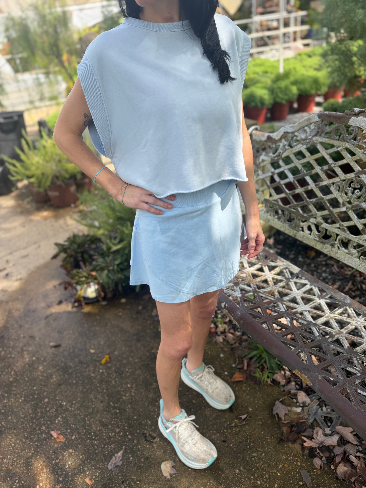 Light blue open back top.